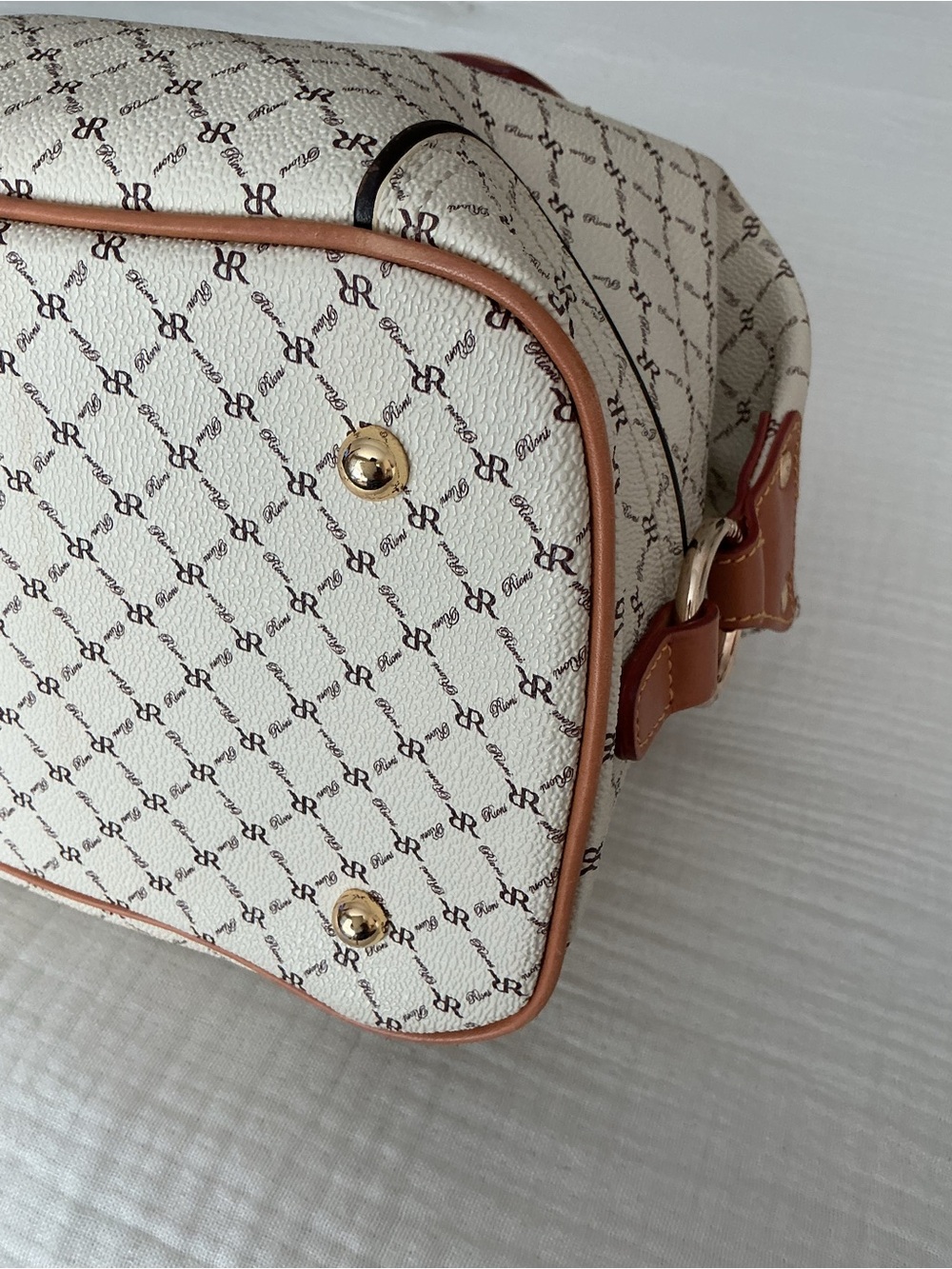RIONI Felicity Monogram Ivory Satchel with Tan Leather Handles - Picture 4 of 9
